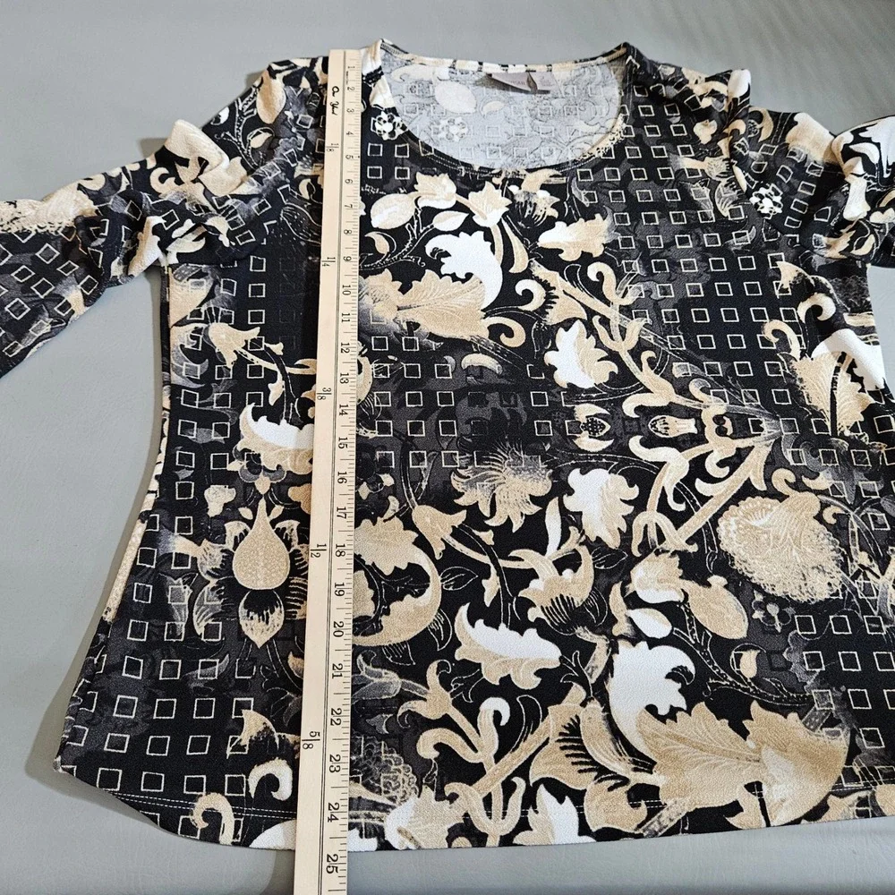 Easywear by Chicos Top Size 2 Large Black Tan Geometric Scroll 3/4 Sleeve Blouse